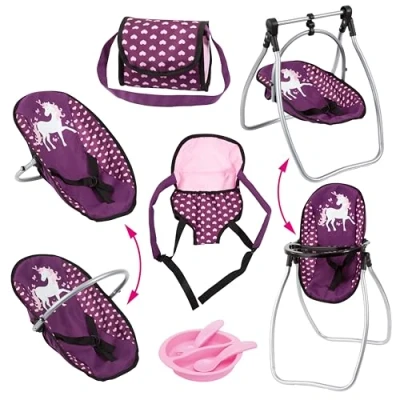 Image of doll accessory set Vario, bag, carrier, plastic tableware, highchair, rocket