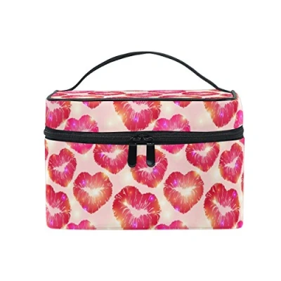 Image of Makeup Bag, Red Lips Print Cosmetic Toiletry Storage Organiser Case Large Travel Handle Personalised Pouch with Compartments Valentines Women Day Gift for Teenage Girl Lady Her