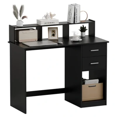 Image of Mondeer Computer Desk with 2 Drawers and Storage Shelves, 105 x 48 94 cm, Laptop Study Table for Small Space Home Office Workstation, Black