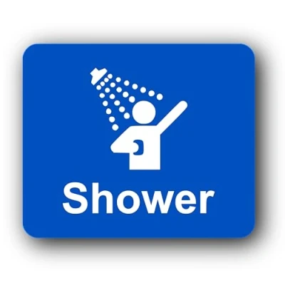 Image of Shower Sign Adhesive Sticker Notice, SILVER/GOLD/BLUE engarved with Text and Universal Icon Symbol (Size 12cm x 10cm) (Blue)