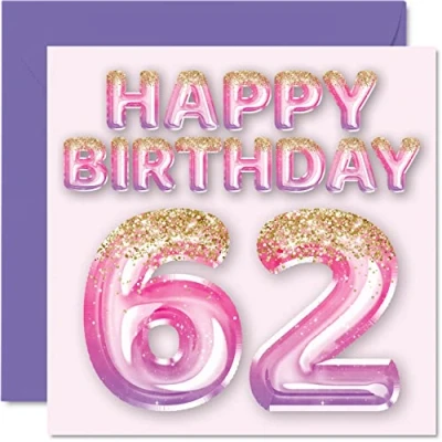 Image of 62nd Birthday Card for Women Pink &amp; Purple Glitter Balloons Happy Cards 62 Year Old Woman Mum Nanny Grandma Gran Auntie, 145mm x Sixty Two Second Bday Greeting Gift
