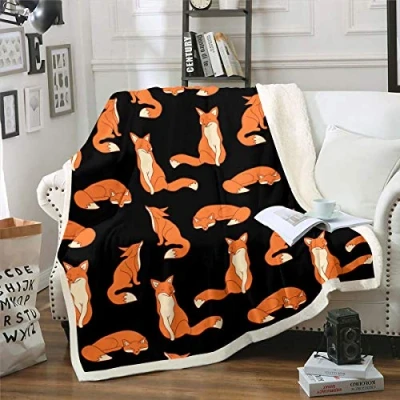 Image of Kids Fox Print Plush Throw Blanket Cute Cartoon Fleece Sherpa Wild Animal Theme Fuzzy for Sofa Couch Orange Black Nature Wildlife Flannel Room Decor Single 50&quot;x60&quot;