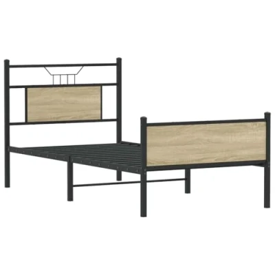 Image of vidaXL Bed Frame Sonoma Oak 90x200 cm Engineered Wood and Steel Bedroom Single with Functional Headboard, Footboard, Extra Storage Space Modern Design