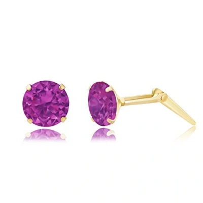 Image of 9ct yellow gold 5mm round fuchsia crystal Andralok stud earrings/Gift box