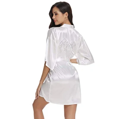 Image of Vlazom Bride Bridesmaid Robes Silk Bridal Party Kimono Robes, Dressing Gown Glitter Gift for Wedding White Bride(back in Rhinestones) L(UK 12 14)
