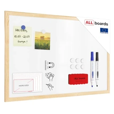 Image of ALLboards Whiteboard with Wooden Frame 60x40cm, Magnetic Board Dry Wipe Erase