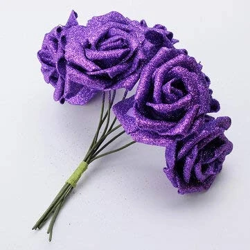 Image of Young21 7Pcs Artificial Bouquet Glitter Foam Flowers Wedding Bridal Party Decor Diy Rose Purple