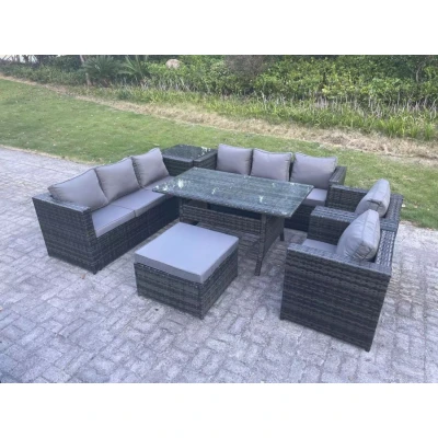 Image of Fimous Outdoor Garden Furniture Rattan Lounge Sofa Set Patio Rectangular Dining Table with 2 Armchair Side Big Footstool 9 Seater Dark Grey