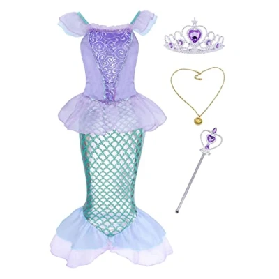 Image of AmzBarley Little Girls Mermaid Ariel Costume Dress up Kids Party Fancy Dresses Halloween Costumes Childs Holiday Birthday Outfit Purple+008/9 2 3 Years 100