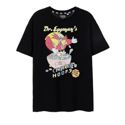 Image of SONIC THE HEDGEHOG Mens T Shirt Black Chaos Hoops Doctor Eggman Graphic Tee for Adults Dr. Robotnik Distressed Vintage Game Short Sleeved Top Classic Gaming Apparel Gift Him