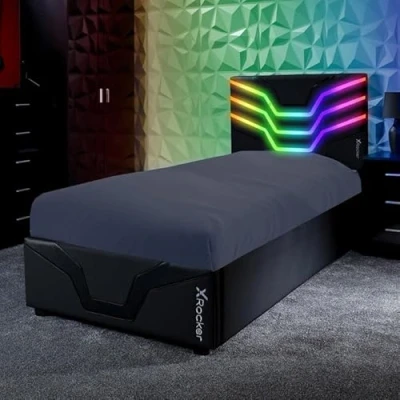 Image of X Rocker Cosmos RGB Single Gaming Bed with Neo Motion LED Lighting, 3ft Bedstead Frame, PU Faux Leather Headboard 30 Lighting Options BLACK