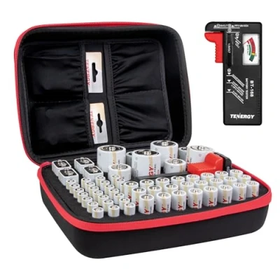 Image of Tenergy Battery Organizer Storage Case with Tester, Holds 60 Batteries AA AAA C D 9V (Batteries not Included)