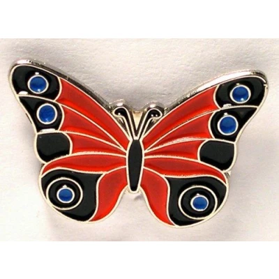 Image of Mainly Metal Pin Badge, Enamel, Butterfly, Red &amp; Black/Blue (25mm)