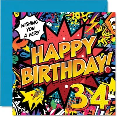 Image of 34th Birthday Cards for Women Men Comic Book Pow! Happy Card 34 Year Old Woman Man Son Colleague Daughter Neighbour, 145mm Bday Greeting