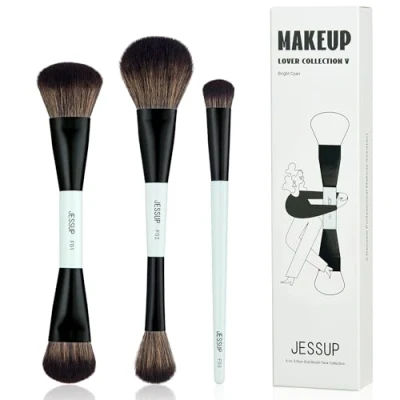 Image of Jessup Face Makeup Brushes 3pcs Double Ended Brush Set for Foundation Contour Blush Highlight and Concealer Brush, Premium Vegan Bright Cyan T503