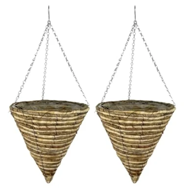 Image of ADEPTNA Set of 2 Cone Garden Hanging Baskets 12 Inches Natural Basket Plants Wall Flower Planter Pot with Detachable Chain for Home Decoration (ROPE BASKETS)