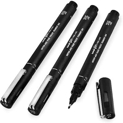 Image of uni ball PIN Fineliners Black Fine Tipped Writing Pens Water &amp; Fade Resistant Ink Ideal for Sketching, Scrapbooking, Outlining, Art, Technical Drawing In Gift Box (Pack of 3, 1.0mm)