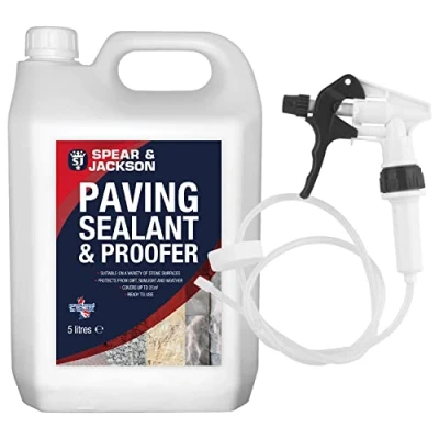 Image of Spear and Jackson Paving Sealant Proofer 5 Litre Water Seal with Long Hose Trigger Breathable, Colourless Waterseal for Brick, Wood Stone