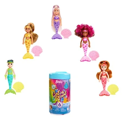 Image of Barbie Chelsea Color Reveal Mermaid Doll with 6 Unboxing Surprises: Metallic Blue Rainbows; 4 Bags Accessories; Water Reveals Full Look &amp; Change on Tail; Gift for Kids 3 Years Older