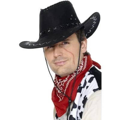 Image of Smiffys Suede Look Cowboy Hat, Black , Cowboys and Indians Fancy Dress, Dress Up Hats