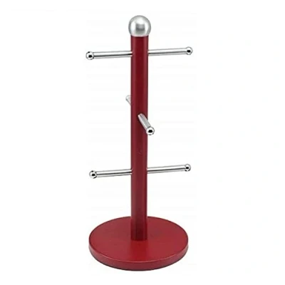 Image of Optimal Products Stainless Steel 6 Cup Mug Tree Stand and Kitchen Towel Paper Roll Pole Holder Free Standing Bath Rack (Red, Tree)