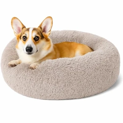 Image of SEOUGEE Calming Donut Dog Bed, Fluffy Plush Round Cat Cosy Soft Washable Cushion Self Warming Pet Beds with Non Slip Bottom, Indoor Sleeping Cuddler Nest for Medium Large Dogs (Taupe 80cm)