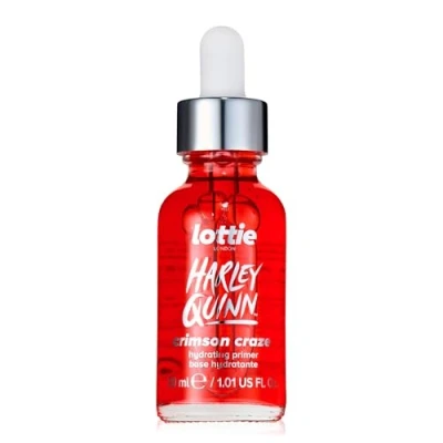 Image of Lottie London x Harley Quinn crimson Craze Primer, Hydrating serum primer that grips makeup for long wear a dewy glow finish
