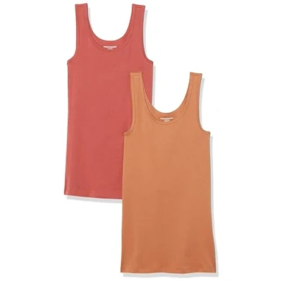 Image of Amazon Essentials Women&#039;s Slim fit Tank, Pack of 2, Brick Red/Caramel, XL