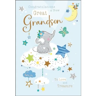 Image of New Baby Great Grandson Congratulations Card to Love and Treasure Elephant Stars Special Finishes Illustrated Insert Leaf Made in the UK