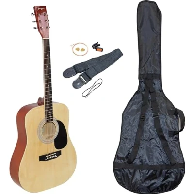 Image of Johnny Brook 41&quot; Acoustic Guitar Kit With Maple Fingerboard, Metal Strings, Chrome Machine Heads, Durable Travel Bag, Easy to Use Clip on Tuner, Spare set of Brass Springs, Strap and 2 Picks