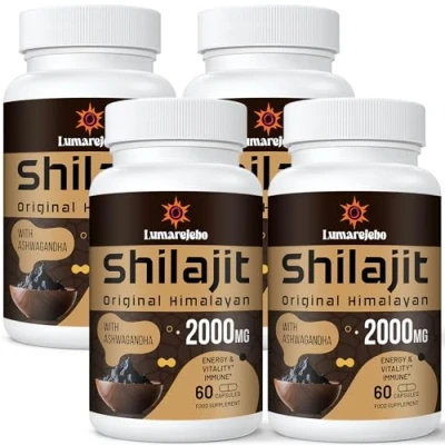 Image of Lumarejebo Shilajit Capsules 2000mg, 100% Pure with Ashwagandha Root Extract, 60% Fulvic Acid and 85+ Minerals, High Strength Himalaya Supplement for Energy, 60 Count (Pack of 4)
