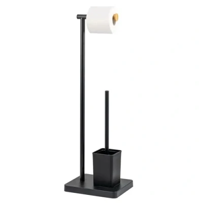 Image of bremermann 2 in 1 Standing Toilet Set with Brush, Paper Holder (Black, Varnished Stainless Steel, Bamboo, Plastic)