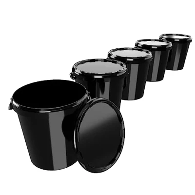 Image of 5 Buckets with Lid, 30 Litres, Made in Germany, Food Safe, Sturdy, Airtight, Storage Bucket for Food, Office Supplies, Children&#039;s Room, Household, Workshop and Catering, Black