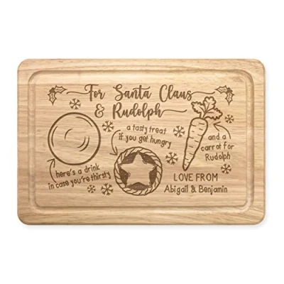 Image of Personalised Christmas Eve Treat Board Santa Carrot Mince Pie Rectangular Wooden Chopping Snack Father Rudolph