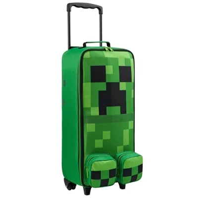 Image of Minecraft Kids Suitcase with Wheels Foldable Trolley Bag Creeper Luggage Travel Holiday Weekend Trips Essentials (64cm 24.2L, Green)