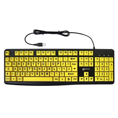 Image of Geemarc Wired Alphanumeric Keyboard with Large Black Lettering and Yellow Keys High Colour Contrast for People Low Vision Compatible Windows XP, Vista, 7, 8, 10 UK Version