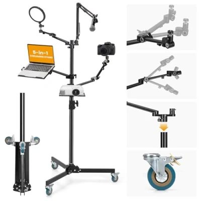Image of TARION Live Streaming Stand with Wheels 61&quot;/155cm 5 in 1 Stream Equipment Kit: Mic Boom + 3 Articulated Arms Projector Holder, Adjustable Heavy duty Floor Tree Setup TitanRig