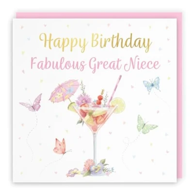 Image of Hunts England Great Niece Pink Cocktail And Butterflies Elegant Birthday Card Luxury Gold Foil Milo&#039;s Gallery Drinks, Flowers, Hearts Female For