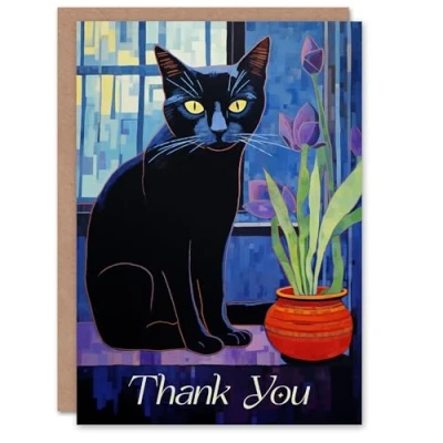 Image of Artery8 Thank You Greeting Card Black Cat Lover Tulip Flowers Painting For Her