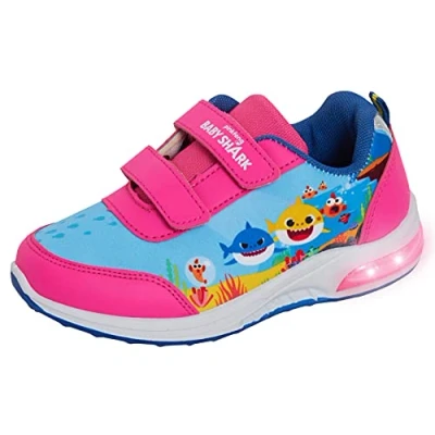 Image of Girls Baby Shark Light Up Trainers Kids Easy Fasten Flashing Lights Sports Shoes Pink 12 UK Child/EU 31