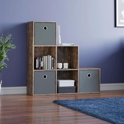Image of Vida Designs Durham Staircase Bookcase Shelves Storage Organiser Living Room Furniture (6 Cube &amp; 3 Grey Baskets, Dark Wood)