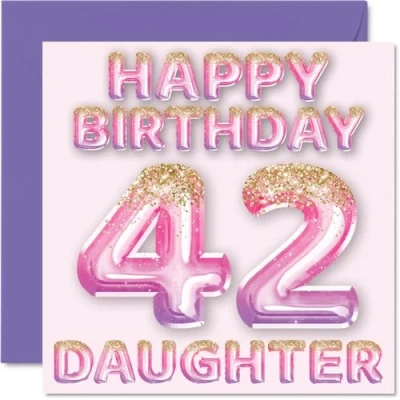 Image of 42nd Birthday Card for Daughter Pink &amp; Purple Glitter Balloons Happy Cards 42 Year Old from Mum Dad Parents, 145mm x Bday Greeting Gift