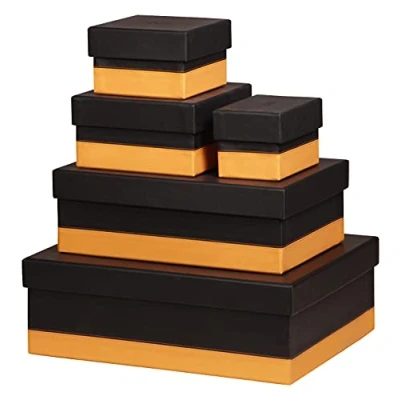 Image of RHODIA 118886C Set of 5 Black Nesting Boxes Orange Saddle Stitching Faux Leather Exterior Rhodiarama Home Office Collection Organization &amp; Designer Storage