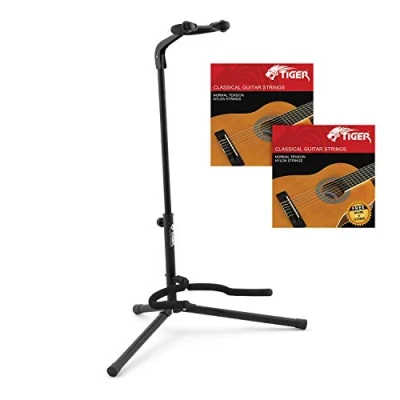 Image of TIGER GST14 CGS Universal Guitar Stand with 2 Packs of Classical Strings Black