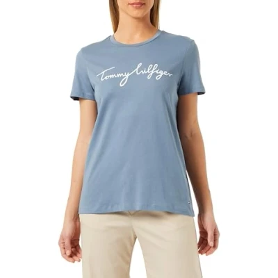 Image of Tommy Hilfiger Women Reg C Nk Signature Tee Ss S/S Knit Tops, Blue, XXS