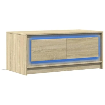 Image of vidaXL Coffee Table with LED Lights Engineered Wood, Sonoma Oak, 100 x 50 43.5 cm, Customizable RGB Lighting, Ample Storage