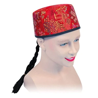 Image of Bristol Novelty BH442 Chinese Mandarin Hat Fabric and Plait, Unisex Adult, Red &amp; Black, One Size