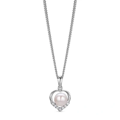 Image of OROVI Silver Heart Necklace White Freshwater Pearl and Cubic Zirconia Studded Pendant Sterling Chain for Women (Jewellery Set)