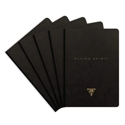 Image of Clairefontaine 102546C A pack of 5 Flying Spirit softcover notebooks 96 ivory pages 14.8x21 cm 90g lined, black glossy card cover, assorted pattern