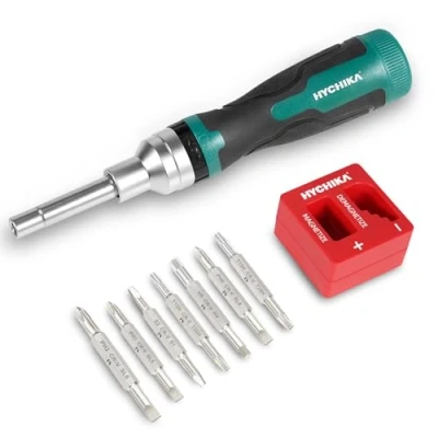 Image of HYCHIKA 16 Piece in 1 Ratchet Screwdriver, Magnetic Screwdriver Set All One, Adjustable Multitool with Phillips, Slotted, Torx, Square, Hex bit and Double End Nut Driver